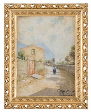 G. CAVALLARO ACQUARELLO "strada di campagna con personaggi". XX secolo...