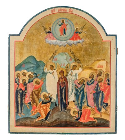 IMPORTANTE ICONA a fondo oro "la Madonna con Apostoli". Russia XIX secolo...