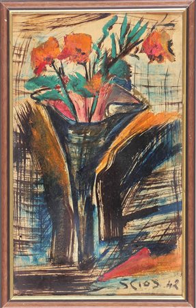 ANONIMO Vaso di fiori. 1942. Olio su cartone. Cm 42,50 x 25,50. Firmato e...