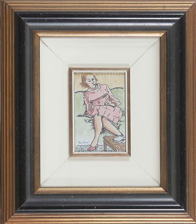 TAMBURI ORFEO (1910 - 1994) Sul divano. Acquerello . Cm 9,00 x 14,00. Firmato...