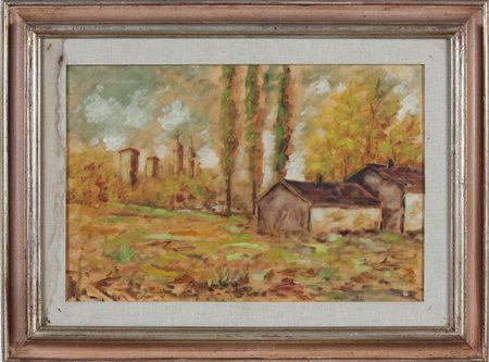 ANONIMO Case nel bosco. Olio su tela . Cm 60,00 x 40,00. Soffici attrib. Al...