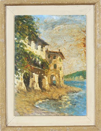 ANONIMO Palazzo sul mare. Olio su faesite. Cm 24,50 x 34,80. Firmato in basso...