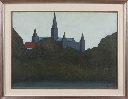 DORIN WALTER (n. 1929) Paesaggio con cattedrale. 1964. Olio su tela . Cm...