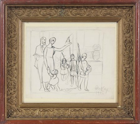 CARPI ALDO (1886 - 1973) Scena famigliare. 1924. Tecnica mista su carta. Cm...