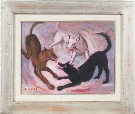 ROSSI ATTILIO (1909 - 1994) Rissa di cani. Olio su tela . Cm 36,00 x 27,00....