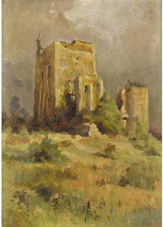 E. Ronchezzi (XX secolo) Rovine Olio su tavoletta Firmato Misure 36x25.5 cm