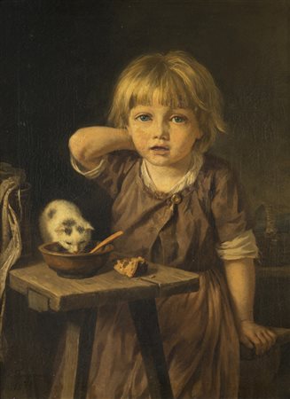 Firma indecifrata "Fanciulla con gatto" 1874 olio su tela (cm56x 43) firmato...