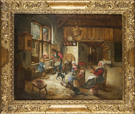 Lajos Ravaz da Van Osteade "Intero con famiglia" olio su tela (cm 40x50) In...