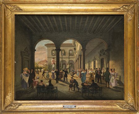 Scuola del sec. XIX "Interno di cortile con figure giocose" olio su tela (cm...