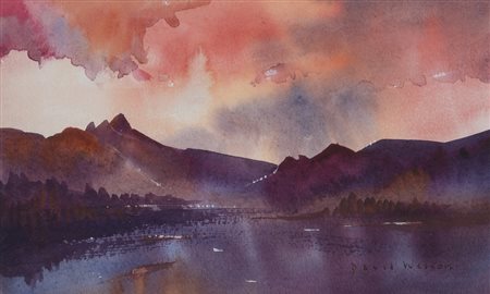 David Weston "Loch Lomond Sunset " acquarello su carta (cm 15x24) firmato in...