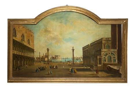 Scuola veneta "Scorcio di piazza San Marco"olio su tela sagomata (cm 74x120)...