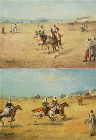 G. Guidi "Cavalieri arabi nel deserto" coppia di olii su tela (cm 30x40)...
