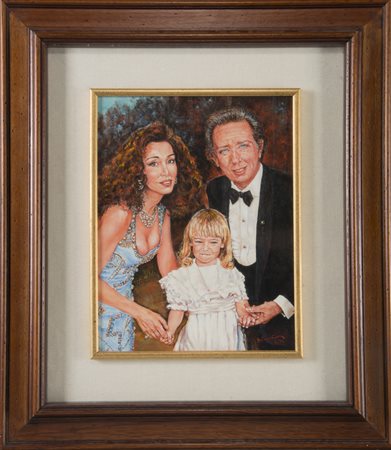 Olio su tavoletta raffigurante Mike Bongiorno con la famiglia (cm 34,5x27) In...