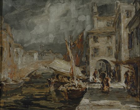 BROMBO ANGELO Chioggia 1893 - 1962 Portico sulla riva Vena olio su tavola...