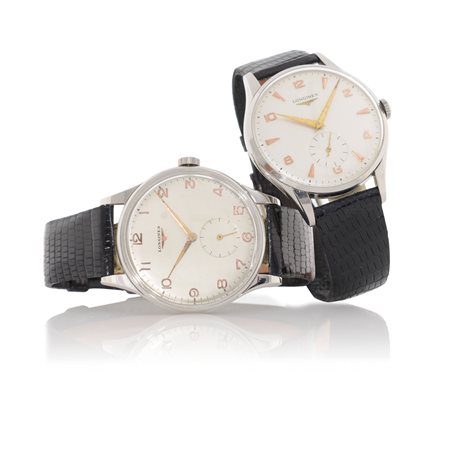 LONGINES COPPIA DI LONGINES ANNI '50.C. in acciaio. Q. argentati, uno con...