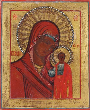 ICONA RUSSA DEL XIX SECOLO Madonna di KazanTempera all'uovo su tavola a fondo...