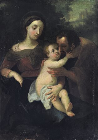 PITTORE DEL XVII SECOLO Sacra Famiglia Olio su tela, cm 80x56; restauri.