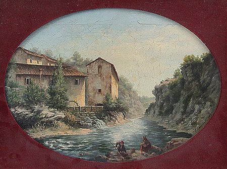 PITTORE DEL XIX SECOLO Paesaggio fluviale con mulino e pescatori, 1874 Olio...