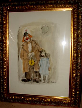 Leonardo Stroppa "Bimba con clown" anni '80 acquerello su carta cm 50x40...