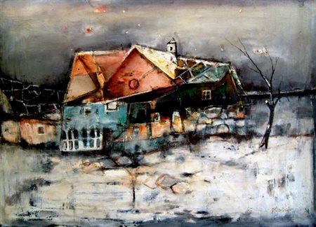 Piero Garino "Casa nella neve" olio su tela cm 50x70 Autentica Galleria...