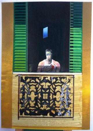Luigi Rancicotti "Uomo sul balcone" acrilici su cartone cm 70x50 Autentica...