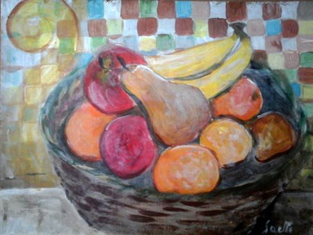 Bruno Saetti."Cesto di frutta" olio su tavola cm 18x24.Autentica dell'Artista...