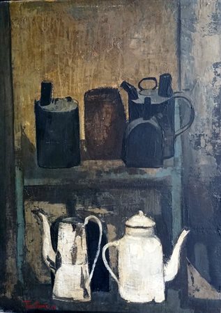 Tino Aime " caffettiera e barattoli" 1973 olio su tavola cm 70x50Pro.galleria...