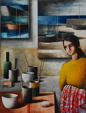 Marcello Scuffi "Donna al porto" olio su tela cm 80x60.Autentica dell'artista...