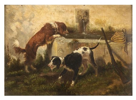 PITTORE DEL XIX SECOLO Cani all'abeveratoio, 1853 Olio su tela cm 26,5 x 37,5...