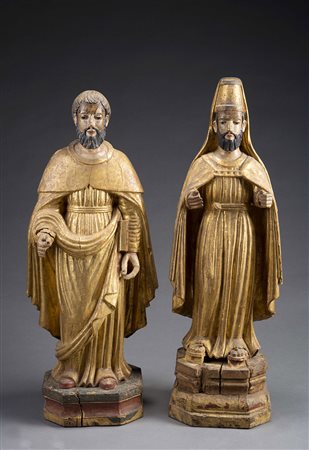 Arte del XIX secolo , coppia di figure in legno con vesti dorate e volti...