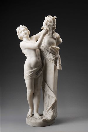 Artista del XIX secolo "Ninfa con erma raffigurante fauno" scultura in marmo...