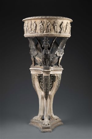 Gueridon in terracotta con vasca decorata nella fascia a figure classiche e...