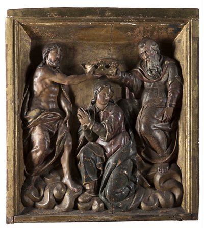 Arte del XVII secolo "L'Incoronazione della Vergine" altorilievo in legno...