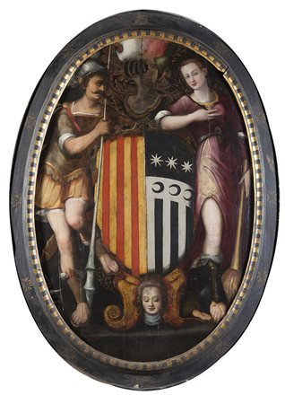 Scuola toscana della fine del secolo XVI "Stemma nobiliare con figure e elmo"...