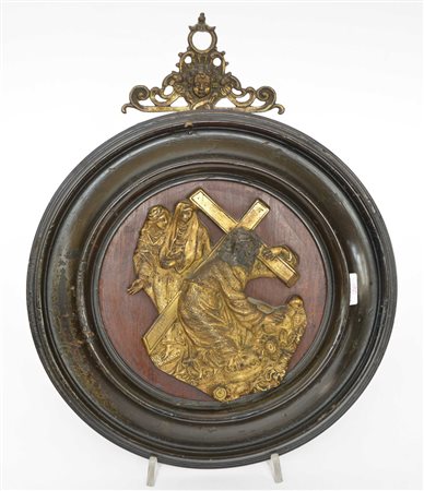 Arte del XVII secolo "Cristo portacroce" altorilievo in bronzo dorato con...