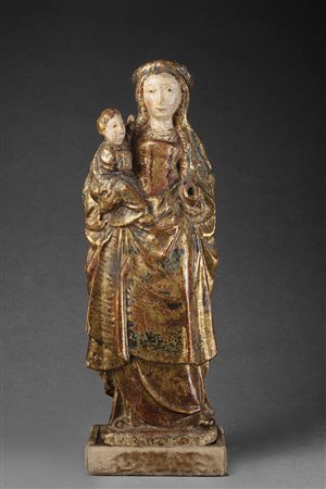 Arte del sec. XVI "Madonna stante con Bambino" scultura lignea decorata con...