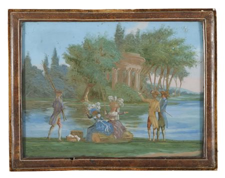 Scuola del sec. XVIII "Gentiluomini e gentildonne alla pesca" verre-peint (cm...