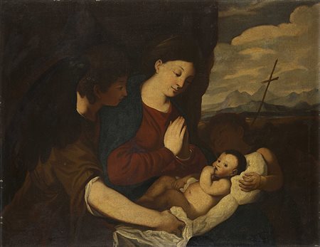 Scuola del sec. XVIII "Madonna con Bambino, San Giovannino e Angelo" olio su...