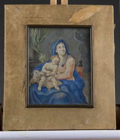 Scuola del sec. XIX "Madonna con Bambino" tempera su pergamena (cm 12,5x10)....