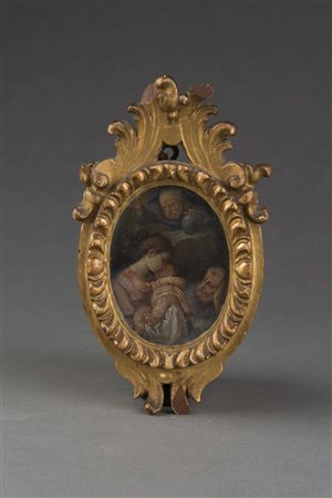 Scuola del sec. XVIII "Sacra Famiglia con Dio Padre" olio su rame (cm 13x7,5)...