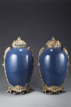 Coppia di vasi ovoidali monocromi in porcellana di colore blu intenso . Cina...