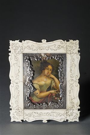 Miniatura del sec. XIX raffigurante gentildonna con fiori in cornice...