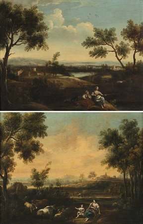 Scuola del sec. XVIII "Scene pastorali" coppia di dipinti ad olio su tela (cm...