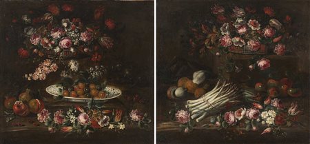 Scuola del Vicenzino inizio del sec. XVIII "Fiori e frutta con vasi e piatti"...