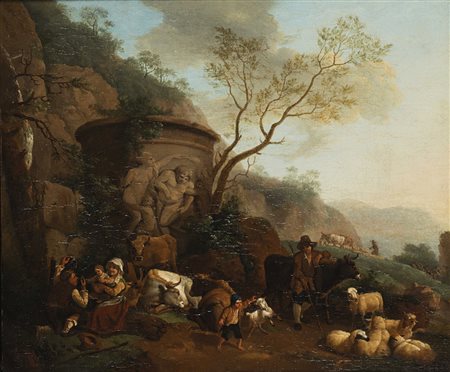 Nicolas Berchem (attr.)(Harlem 1620 - Amsterdam 1683) "Paesaggio con pastori,...