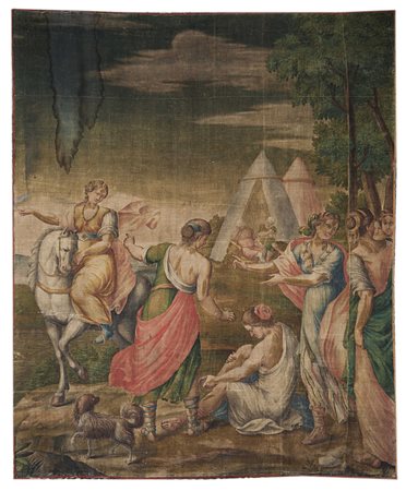 Arazzo a succo d'erba del sec. XVIII su tela dipinta raffigurante episodio di...