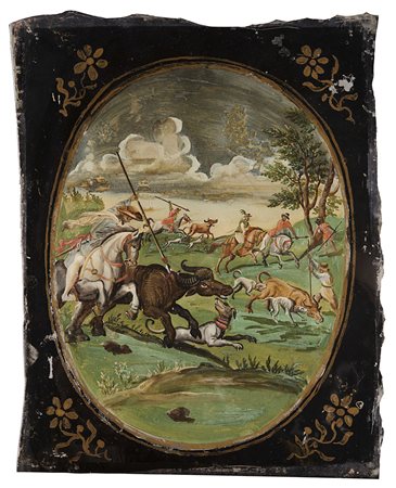 Scuola indo-portoghese del sec. XVIII "Scena di caccia al bufalo" verre peint...