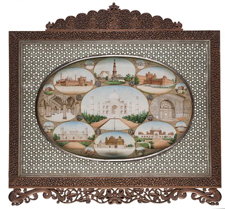 Maniatura indiana del sec. XIX su avorio centrata dalla veduta 'Taj Mahal' in...