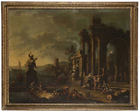 (Napoli tra il 1724 e il 1742) "Paesaggio con architetture" olio su tela (cm...