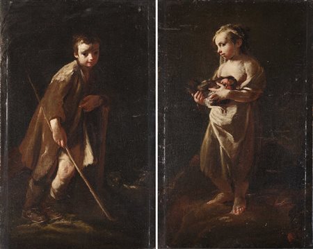 Ambito di Pietro Longhi "Giovani contadini" coppia di olii su tela (cm 70x44)...